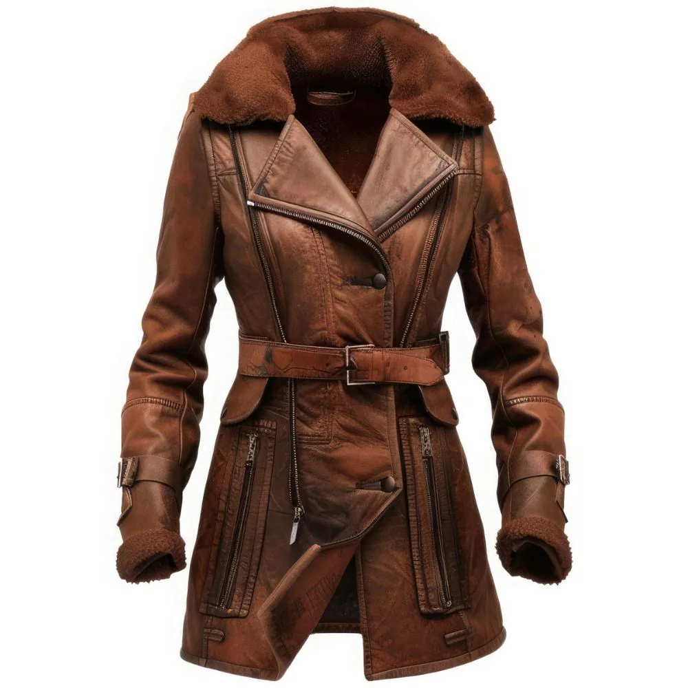 Women's Vintage Brown Genuine Sheepskin Faux Shearling Fur Leather Coat