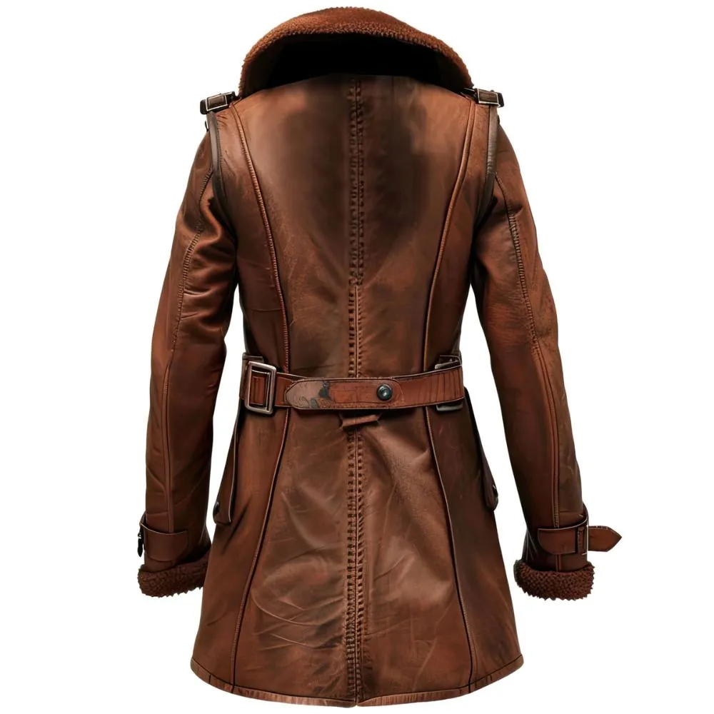 Women's Vintage Brown Genuine Sheepskin Faux Shearling Fur Leather Coat